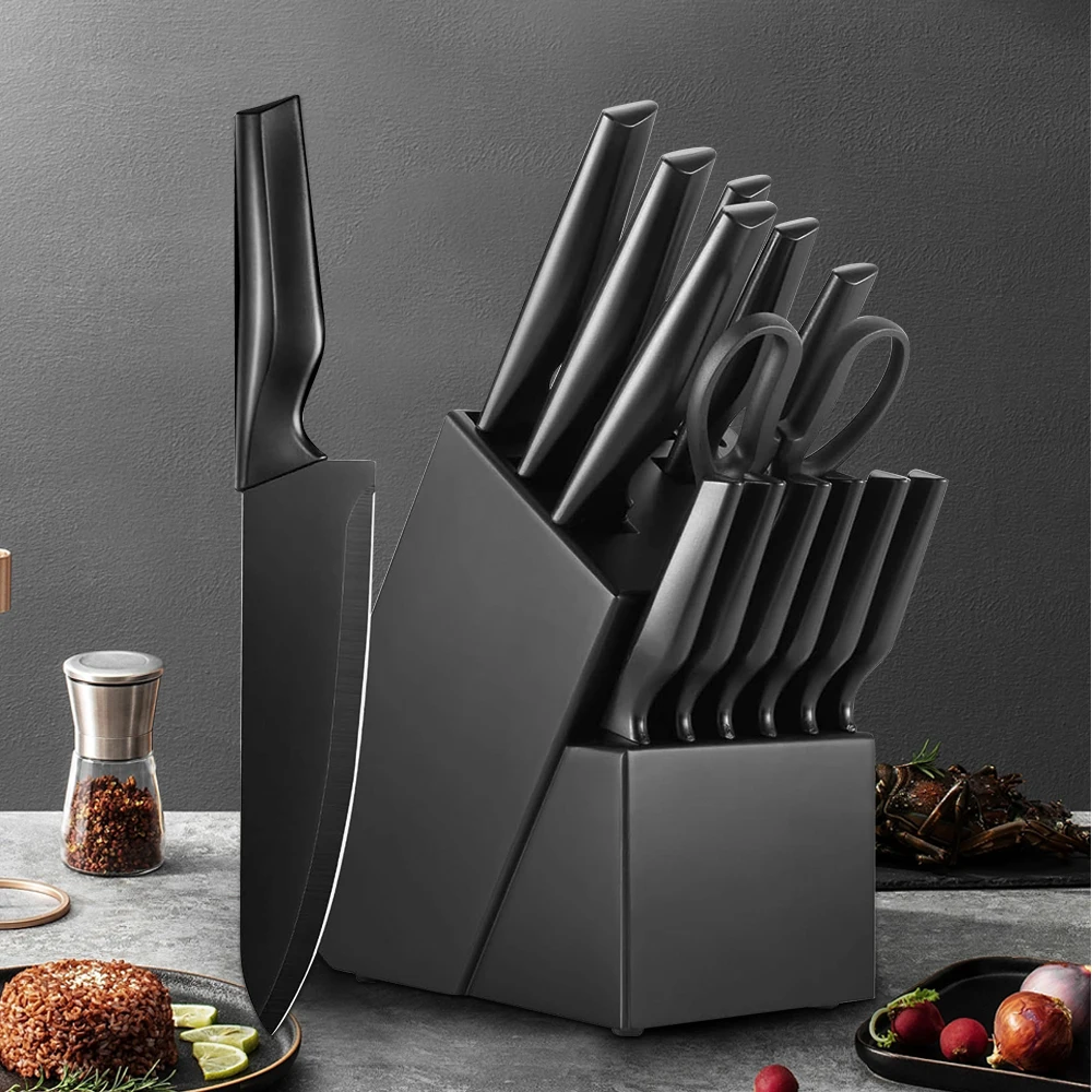 MDHAND 14-teiliges Küchenmesser-Set mit Massivholzblock, Ergonomischen Griffen und Integriertem Messerschärfer für Bequeme Küchenaufbewahrung