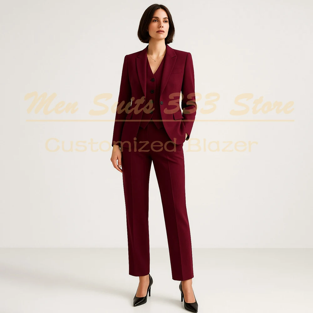 

Burgundy Women's Suits Luxury Solid Color Single Breasted Peak Lapel Slim Fit 3 Piece Jacket Pants Vest Office Lady Full Set