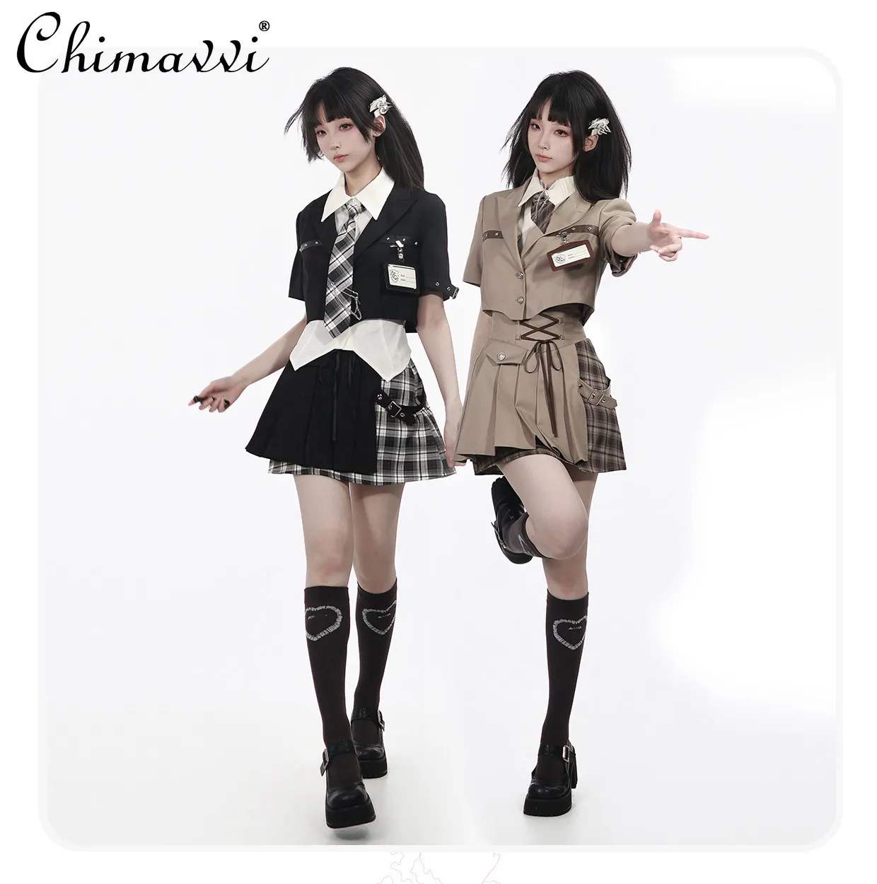 

Japanese College Sweet Cool Short-sleeved Suit Slim High-waisted Pleated Splicing Skirt 2piece Set Harajuku Goth Y2k Skirt Sets