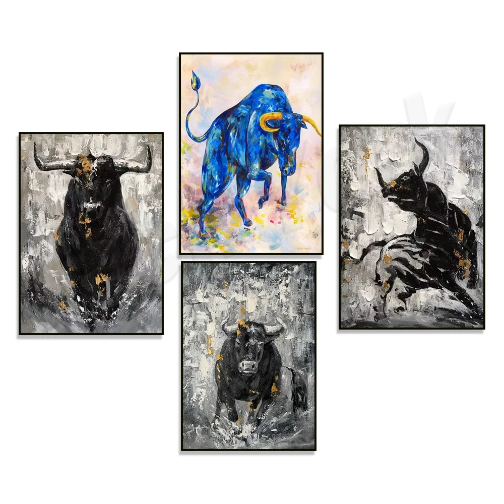 oversized abstract art, original bull artwork, large bull art, bull and bear painting abstract bear art poster, texas longhorn