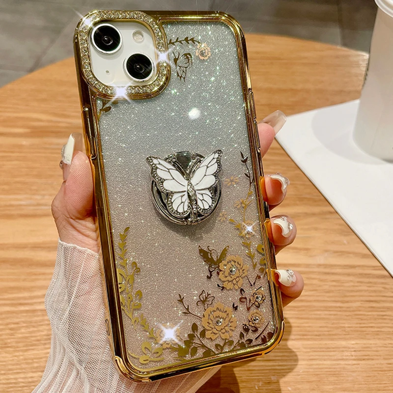 Glitter Butterfly Ring Support Case for iPhone Luxury Fashion Quakeproof Case 16 14 15 Plus Max 13 Pro Max 12 Pro 11 Max