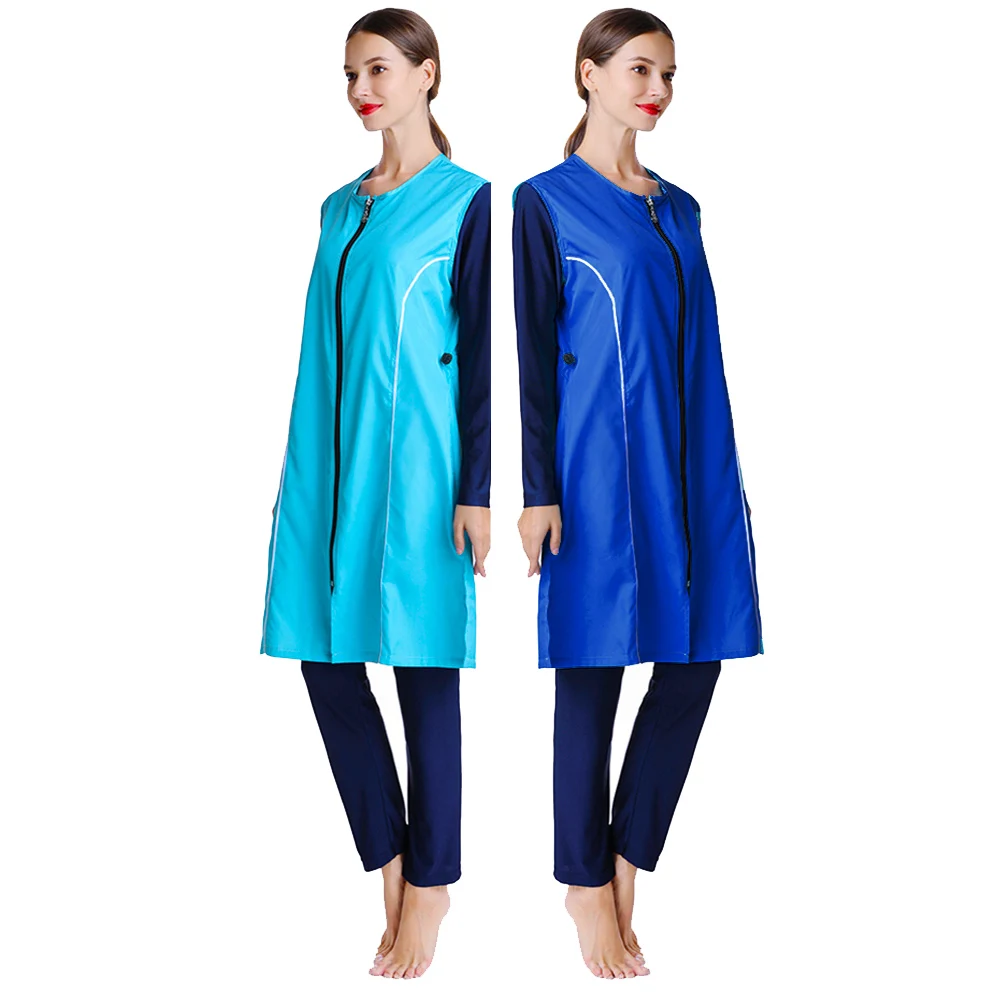 Women's Burkini Blue Patchwork Swimsuit with Zipper, Loose Beach Wear with Cap, Beachwear, New, S-3XL, 3Pcs