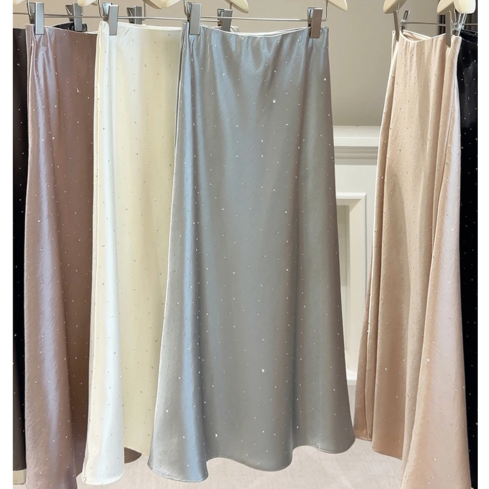 Glitter Rhinestone Satin Skirts for Women Luxury Bling-bling Diamond Decor High Waist Slim Fishtail Long Skirt Lady Party Skirt