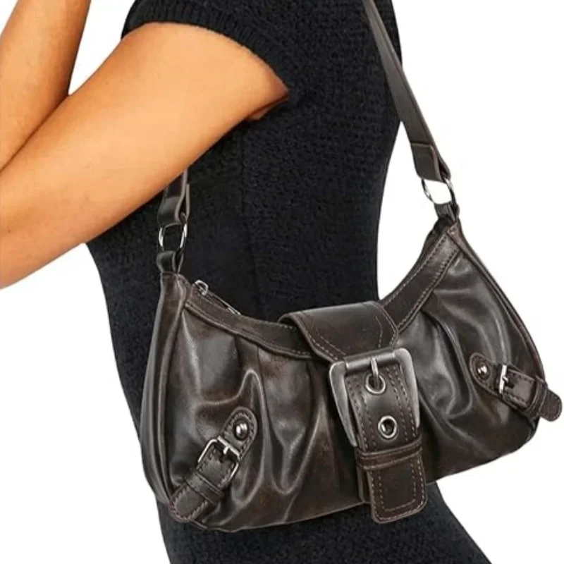 Hottie-Bolso de hombro de estilo Retro para mujer, bolsa de moto estilo Mirador, hecho de cuero antiguo de dos colores, Y2K