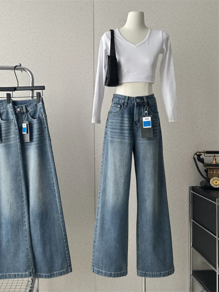 Korean Design Fashion Straight Long Jeans New Zipper Button Pocket Slim Mid Waist Wide Leg Pants Female Casual 2000s Clothes Y2k