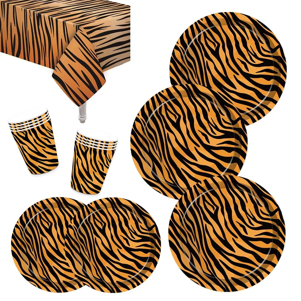 Assiettes en papier jetables thème Animal de la Jungle, tigre pour enfant, gobelets, gobelets, fête prénatale, décor de fête d'anniversaire, vaisselle de pique-nique