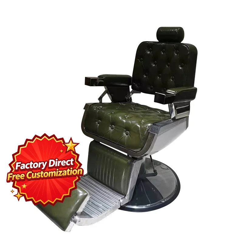 Vintage Barber Chair Olive Green Tufted Leather Hydraulic Reclining Salon Chair Chrome Frame Heavy Duty Hair Cutting Chair