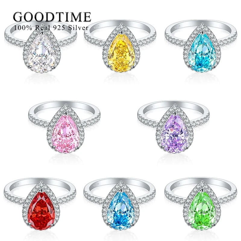 

Luxury Pure 100% 925 Sterling Silver Ring For Women Flame Ice Flower Cut Water Drop 4ct High Carbon Zircon Finger Ring Jewelry