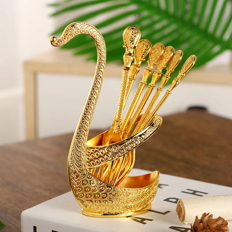 

Creative European and American Style Peacock Embossed Swan Fork Set Exquisite Swan Fruit Fork Storage Container Golden Home