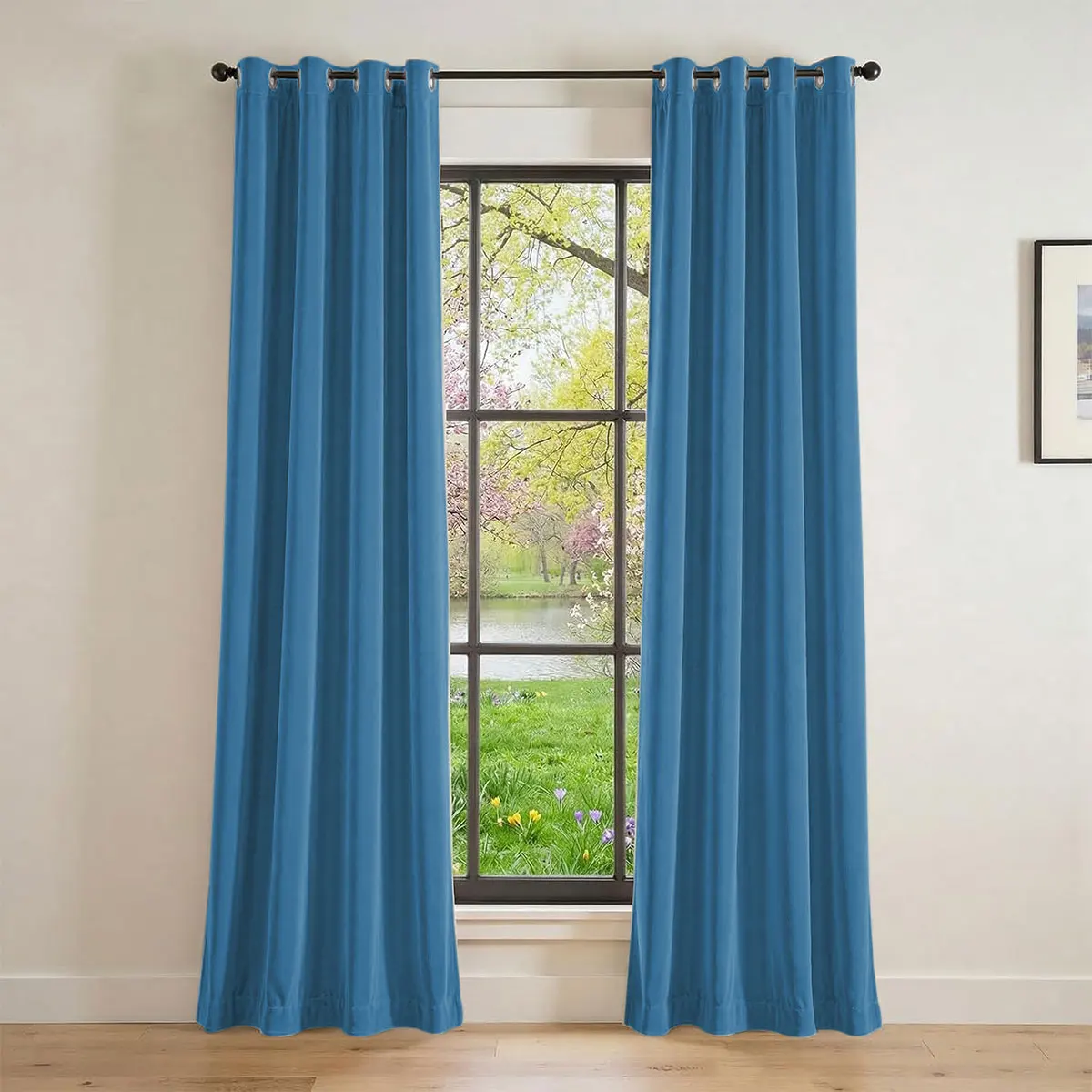 Peacock Blue Solid Velvet Grommet Curtains Set of 2, Blackout Window Drape, Stylish Curtain For Bedroom Living Room