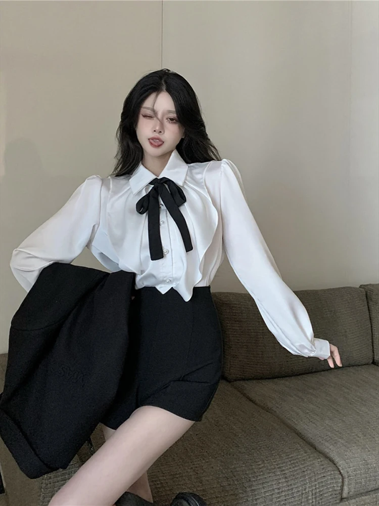 

White Satin Shirt Women's Autumn Spring New Bow French Ruffle Long Sleeve Shirts Top Blusas Mujer Blouse