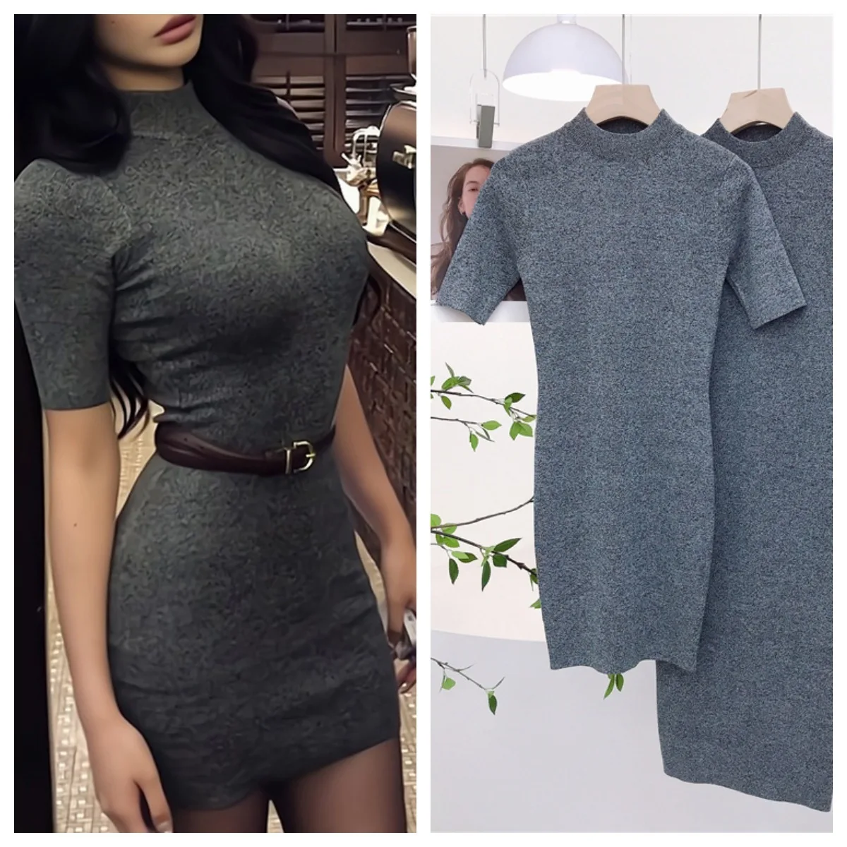 8008 أنيقة Bodycon صيف جديد نصف الياقة العالية الخصر التخسيس مثير الأزهار رمادي محبوك فستان قصير للنساء #3