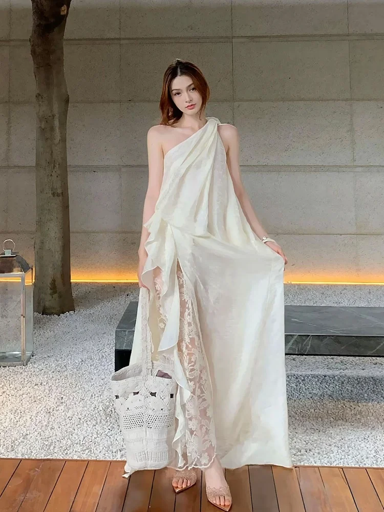 

French Style Lace Splice Long Dress Shoulder Bared Summer Vacation Women's Loose Fit A-Line Gown Elegant Casual Spring Summer
