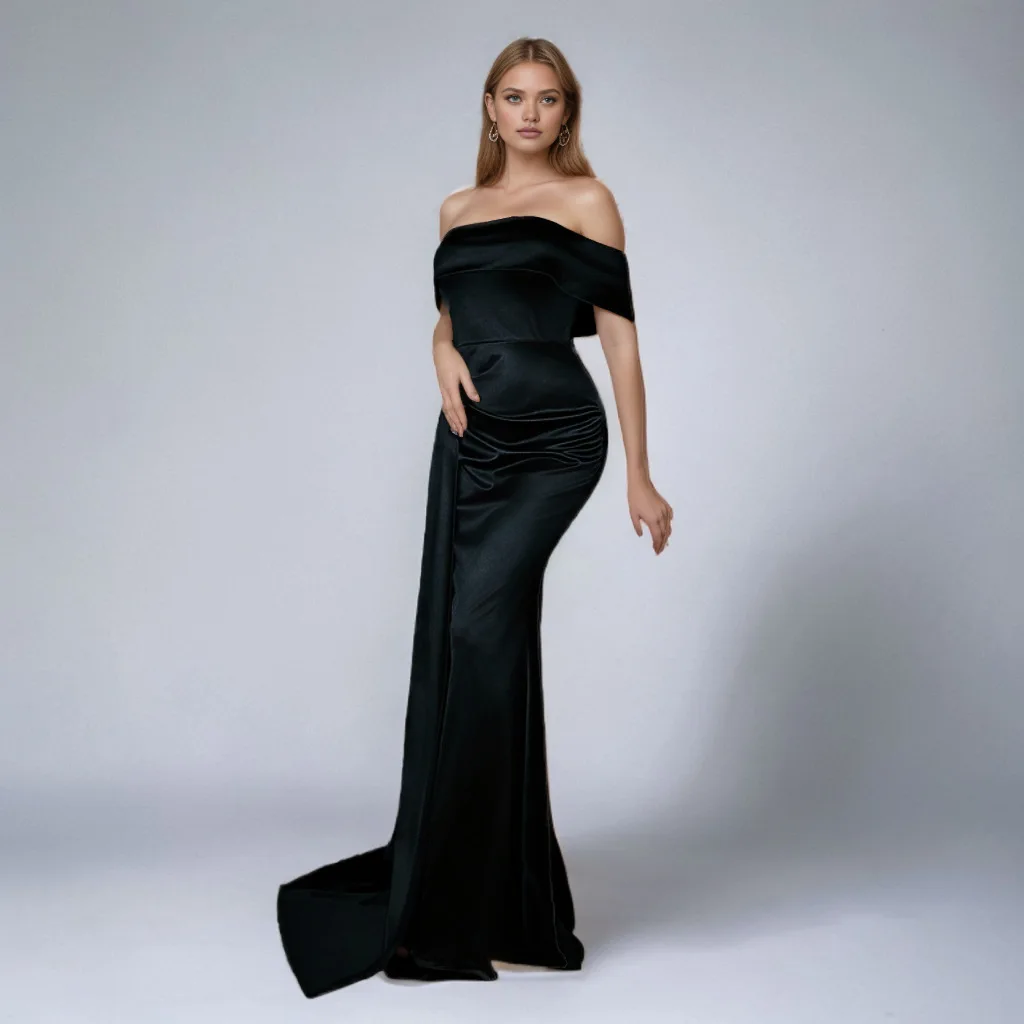 Women's Solid Color Satin One-shoulder Tube Top High Waist Evening Dress Fishtail Skirt Long Dress Elegant Long Party Dresses