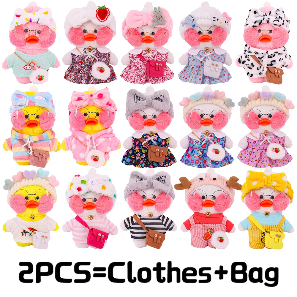 2 pezzi vestiti per bambole anatra gialla + borsa peluche vestito carino Fit 30cm lalafanfan Cafe Duck Doll Kawaii bambole animali giocattoli per bambini nascita