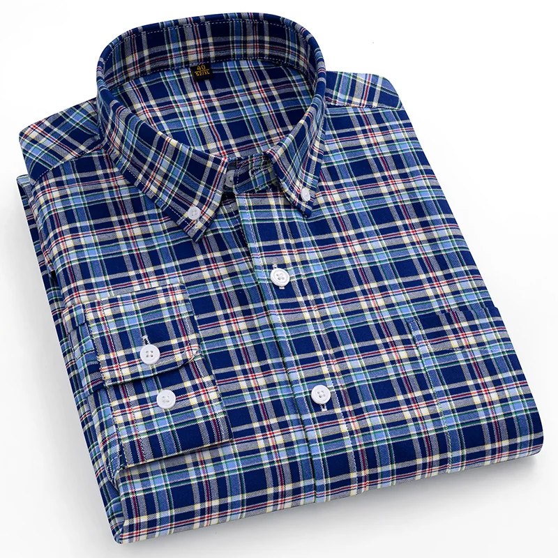 8XL 100% Cotton Oxford Striped Plaid Longsleeve Shirt for Men Dress Shirts High Quality Pure Color Business Button Up Shirt