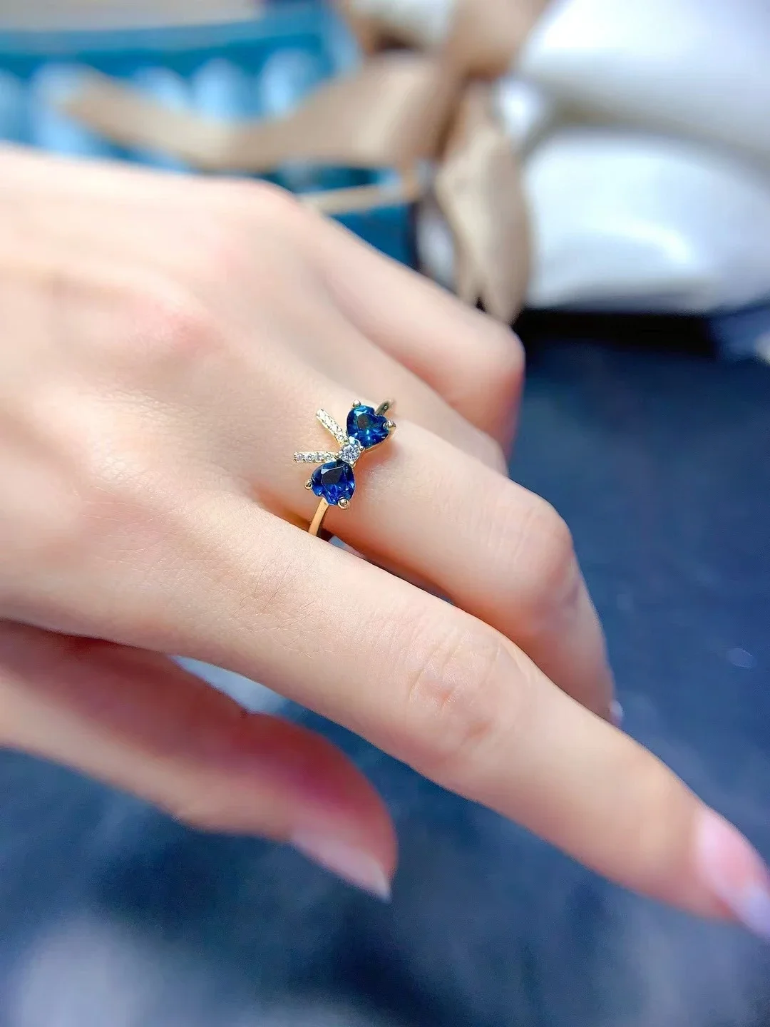 Deep Blue Natural Topaz Ring for Daily Wear 5mm Total 1ct London Blue Topaz Jewelry with Gold Plated 925 Silver Bowknot Ring
