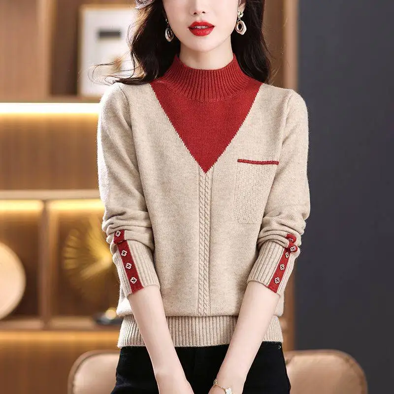 Women Vintage Splicing Panelled Sweaters Autumn Winter Streetwear Fashion Mock Neck Long Sleeve Casual Slim Knitted Pullovers