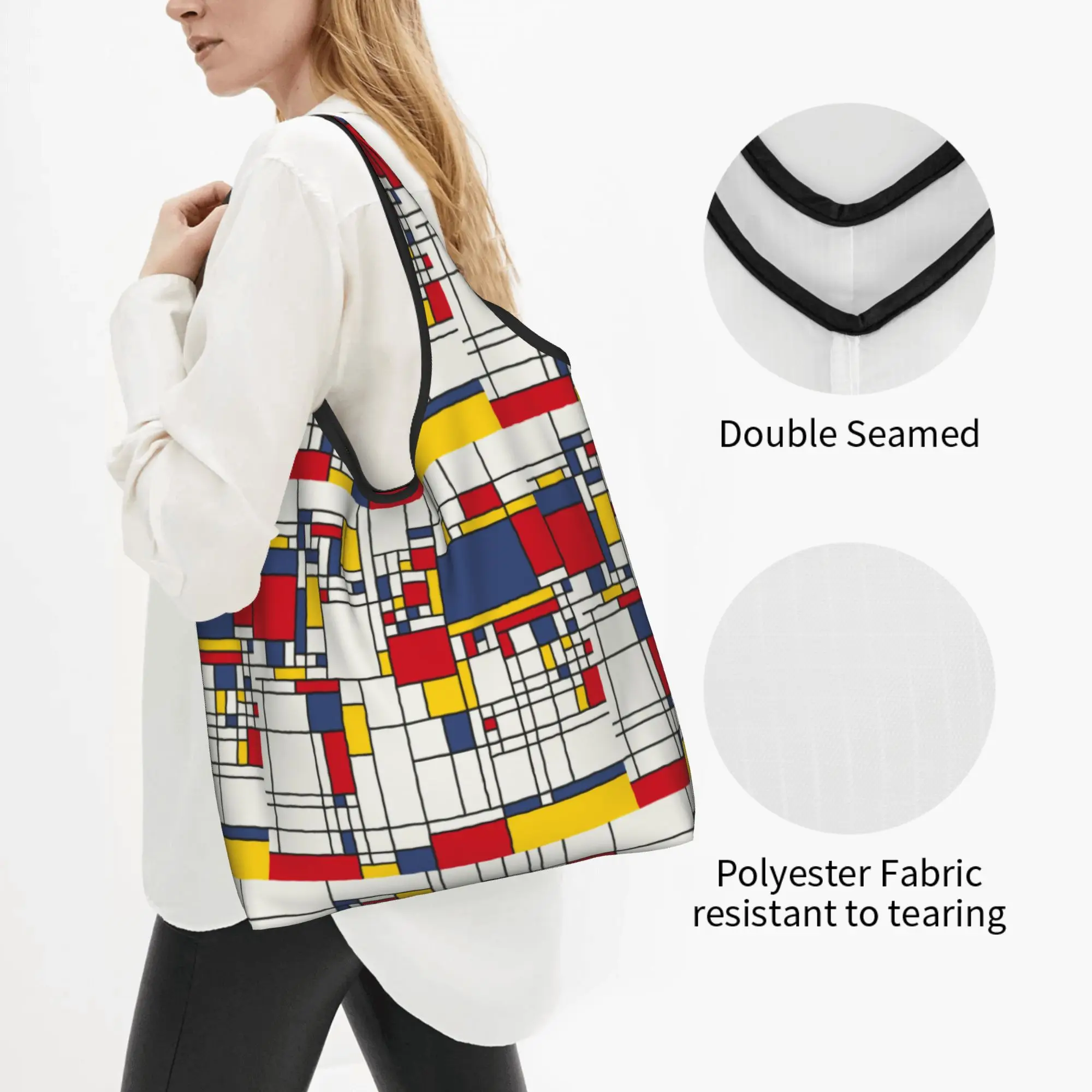 Reusable Piet Mondrian Minimalist De Stijl Shopping Bag Women Tote Bag Portable Modern Abstract Art Groceries Shopper Bags