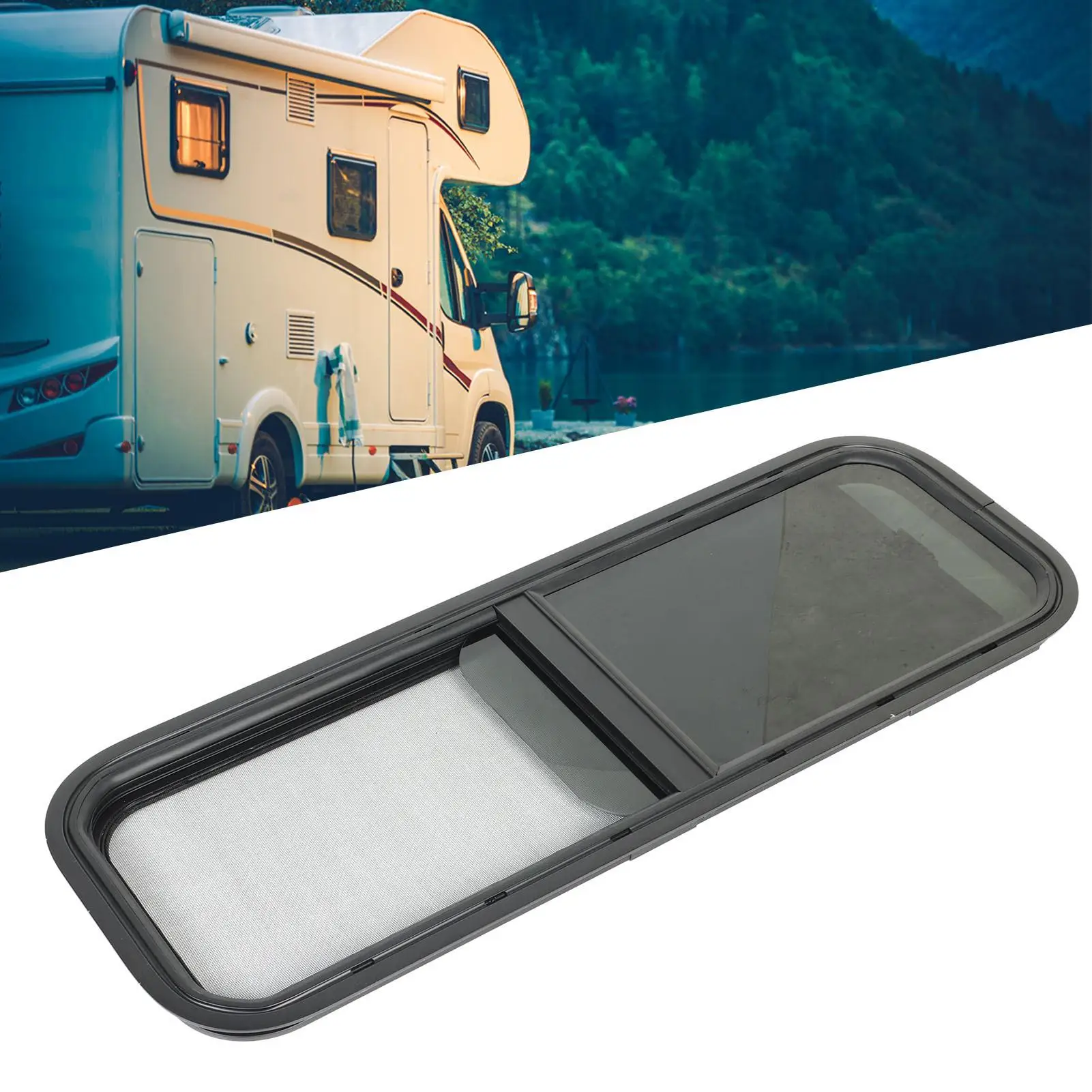 Ventana RV deslizante de ángulo redondo con pantalla de vidrio templado negro para remolque camper, 900x300mm