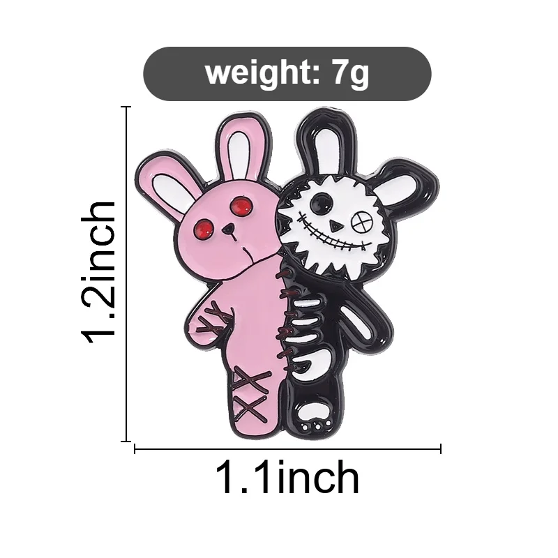Dark Punk Style Twin Rabbit Enamel Pin, Twin Stitched Bunny Badge, Fashion Clothing Accessory, Neutral Design, Gift for Friends