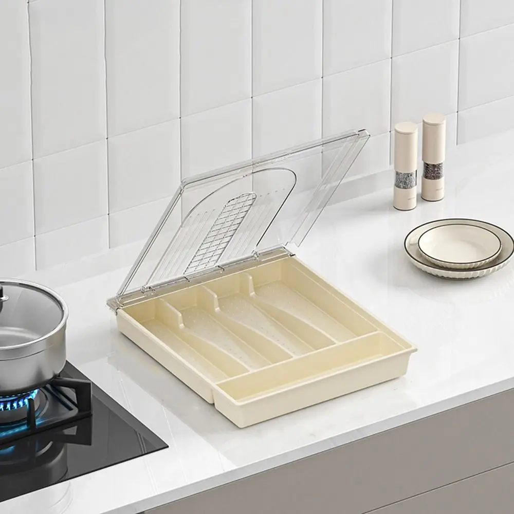 Plastic 5 Compartments Flatware Organizer Large Capacity Transparent Lid Silverware Drawer Organizer Dustproof