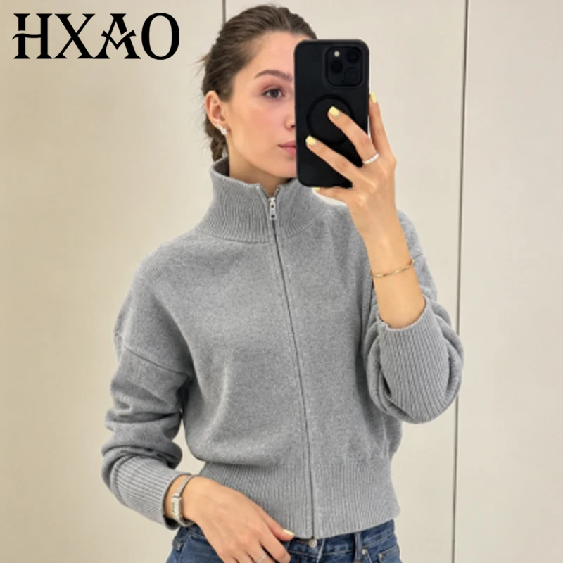 HXAO Crop Grey Knit Cardigan Women's Sweater Autumn Casual Basic Long Sleeve Slim Stand Collar Zip-Up Top Minimalist Outerwears