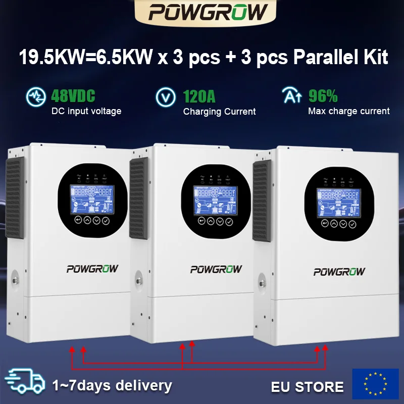 POWGROW 19,5KW Hybrid-Solarwechselrichter 3-phasig 48V Reine Sinuswelle Off-Grid Parallel-Wechselrichter 120A MPPT Solarregler WLAN-Modul inklusive