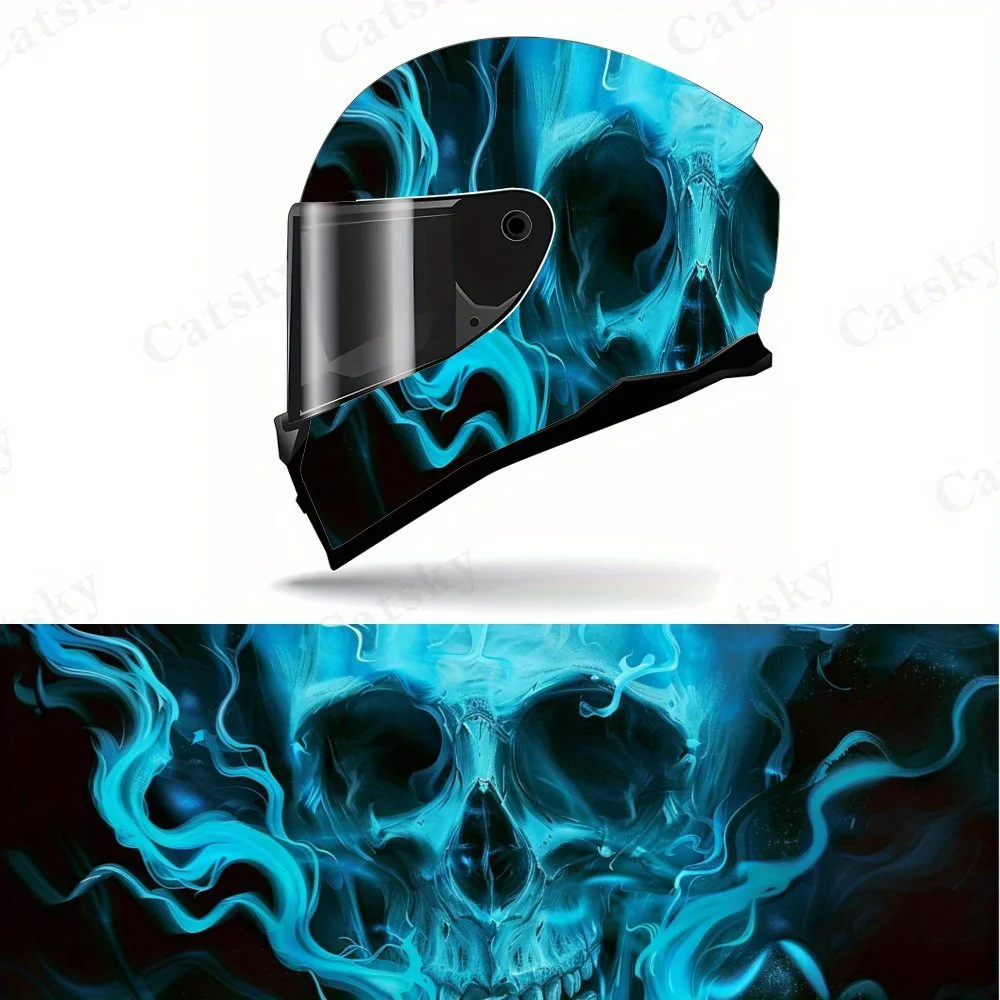 Blue Flame Skull Motorcycle Helmet Sticker - Durable PVC, Super Cool Blue Light Flame Effect Screen, Add A Mysterious Atmosphere