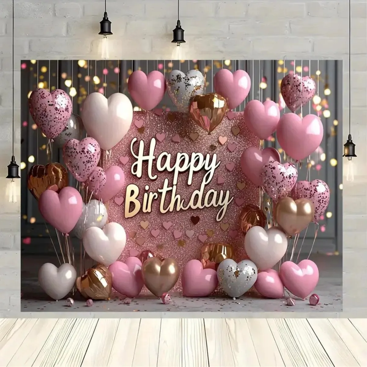 1 Stück 2D-Flachbanner, „Happy Birthday“, rosa Glitzer-Hintergrund mit Luftballons und Herzen, geeignet für die Dekoration von Geburtstagsfeiern