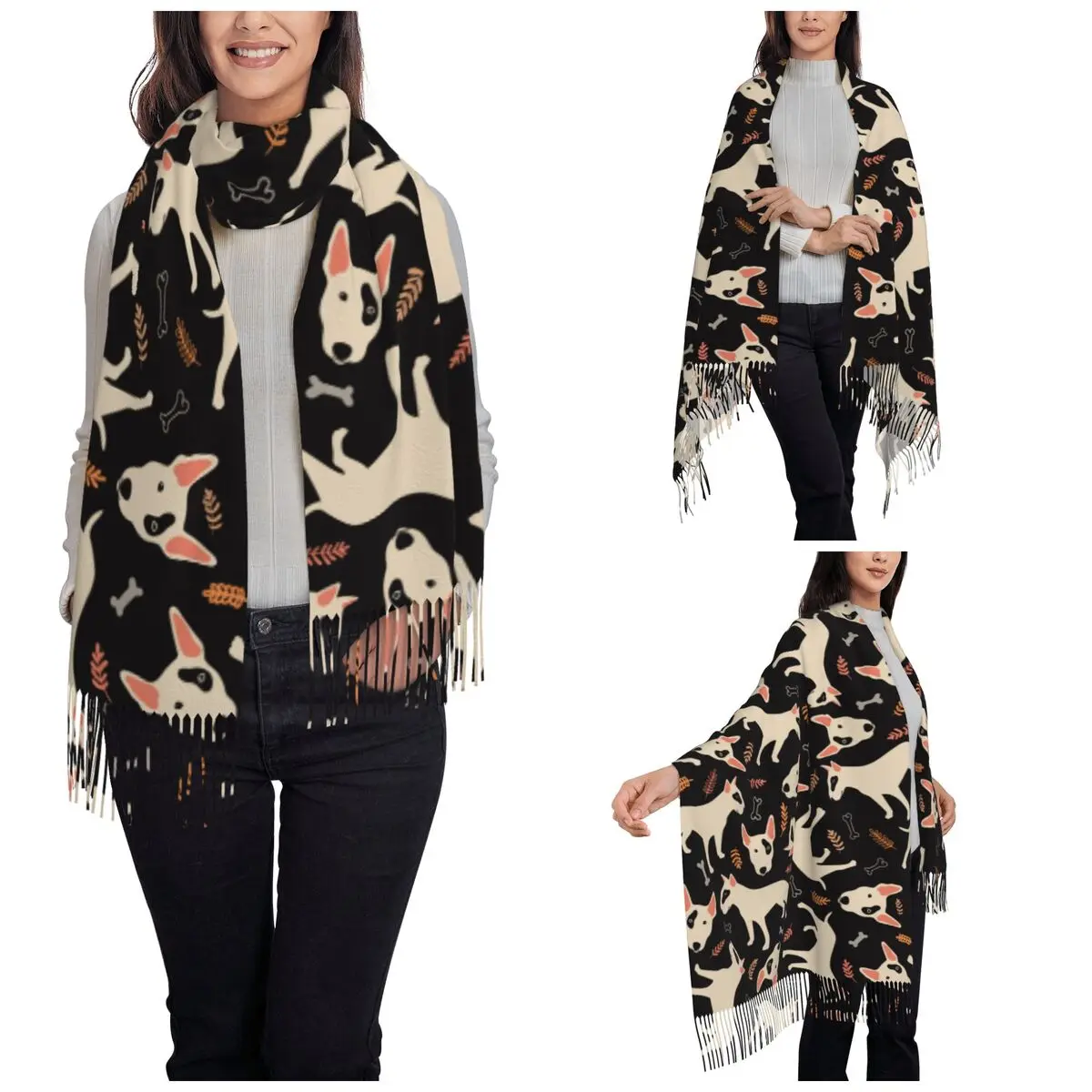 Women's Tassel Scarf Bull Terrier Large Winter Warm Shawl and Wrap Gift for Animal Dog Lover Daily Wear Cashmere Scarf