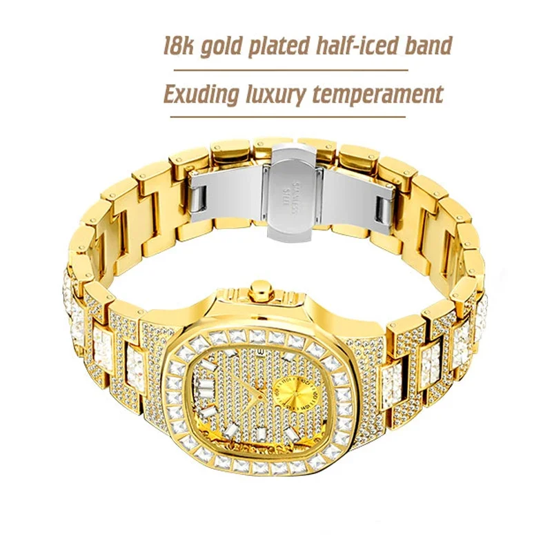 MISSFOX Luxury Men Watch Gold 18K Model Fully Paved Baguette Diamond Mens Watches Waterproof Calendar Male Clock Hours