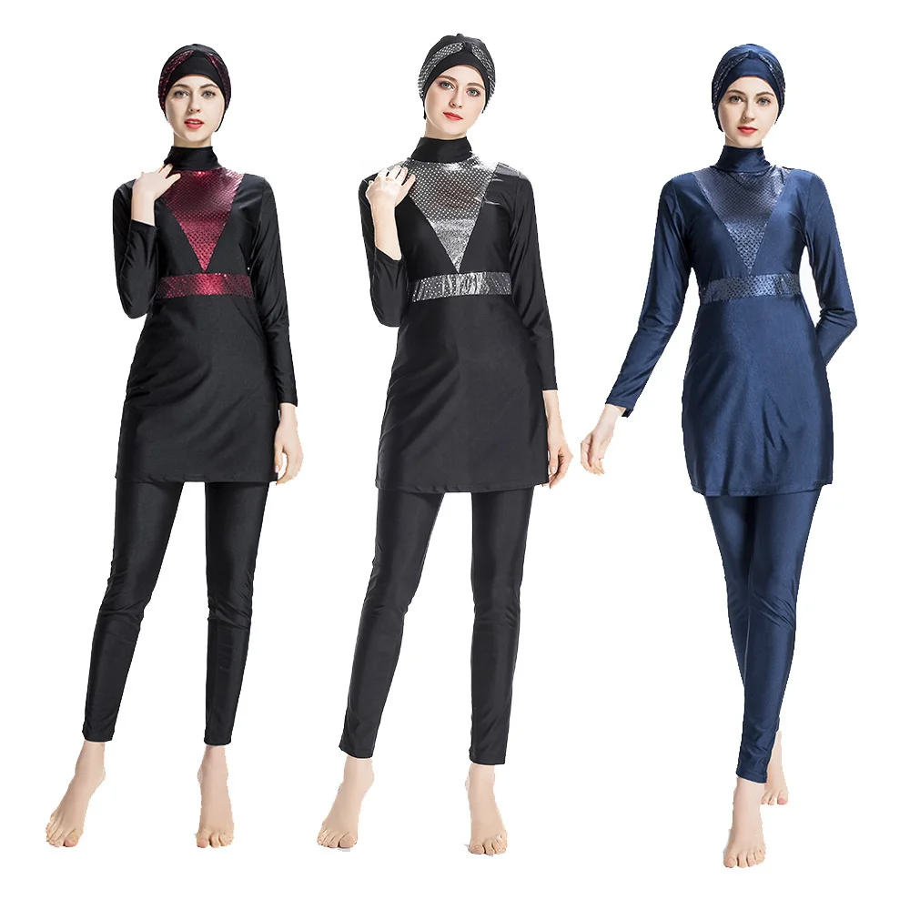 

Женский Мусульманский купальник Burkini, сдержанный Мусульманский купальник с длинным рукавом и полным покрытием, хиджаб, комплект из 3 предметов, женский купальник