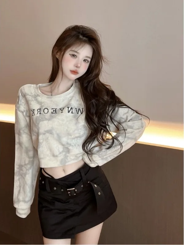 

Свитшот с эффектом тай-дай, свободный крой, с длинным рукавом, круглый вырез, в американском стиле, для весны и осени, из смесовой полиэстеровой ткани