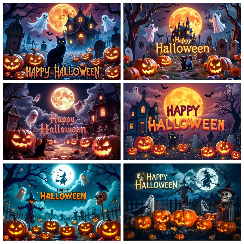 

Happy Halloween Party Decor Backdrop Horror Moon Castle Graveyard Pumpkin Witch Bat Ghost Halloween Eve Photography Background