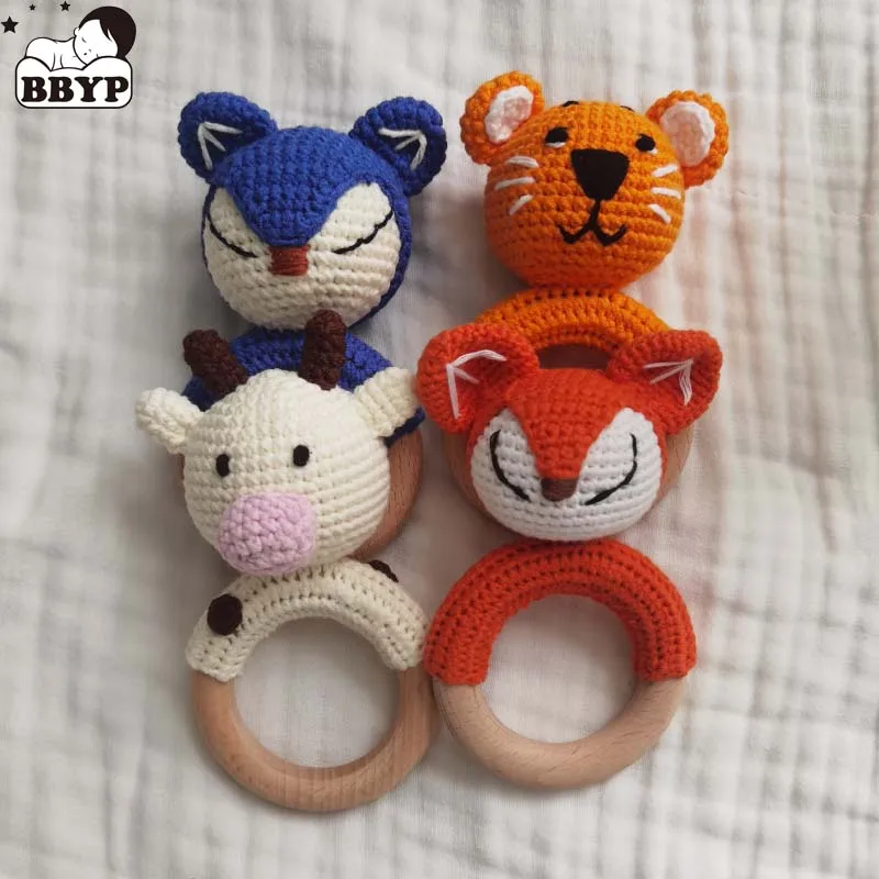 Newborn Baby Rattles Cute Cartoon Bear Rabbit Grab Ability Training Toys Infant Bell Toy Original Wood Crochet Hook Knitted