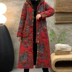 Luxury Vintage Winter Women Fleece Warm Cotton Coat High-end Floral Print Mid-length Hooded Cotton-padded Jacket Windproof Coats