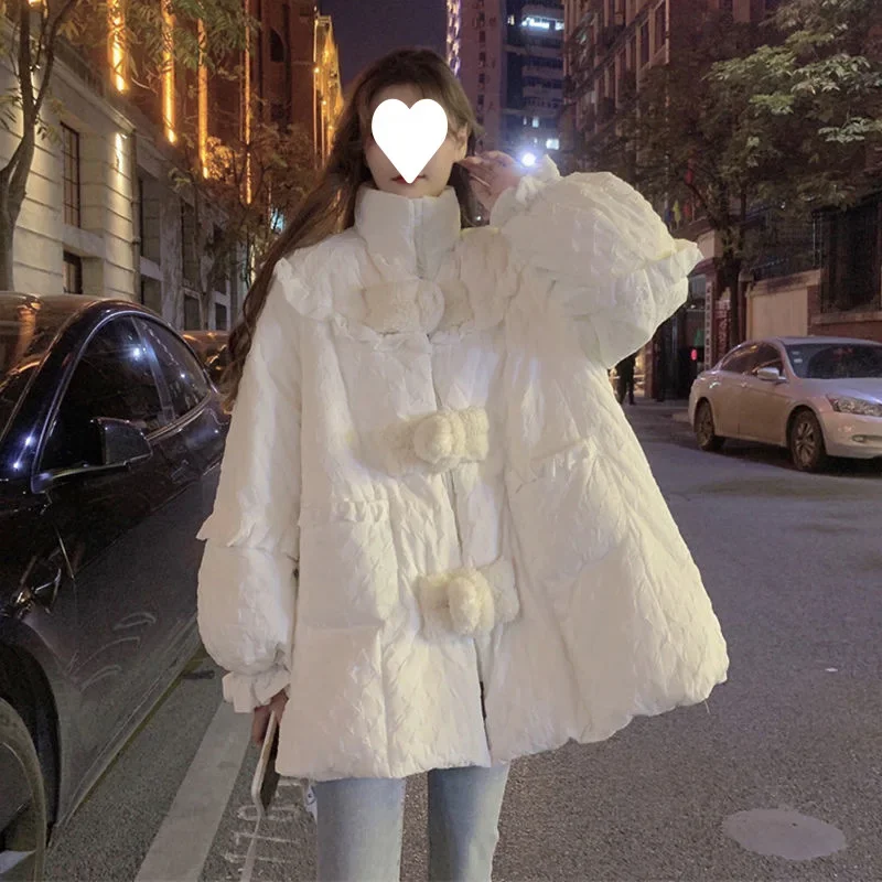 Parka chaude épaisse blanche pour femme, ample, manches longues, col montant, boutons cachés, manteau d'hiver, vestes en coton à volants