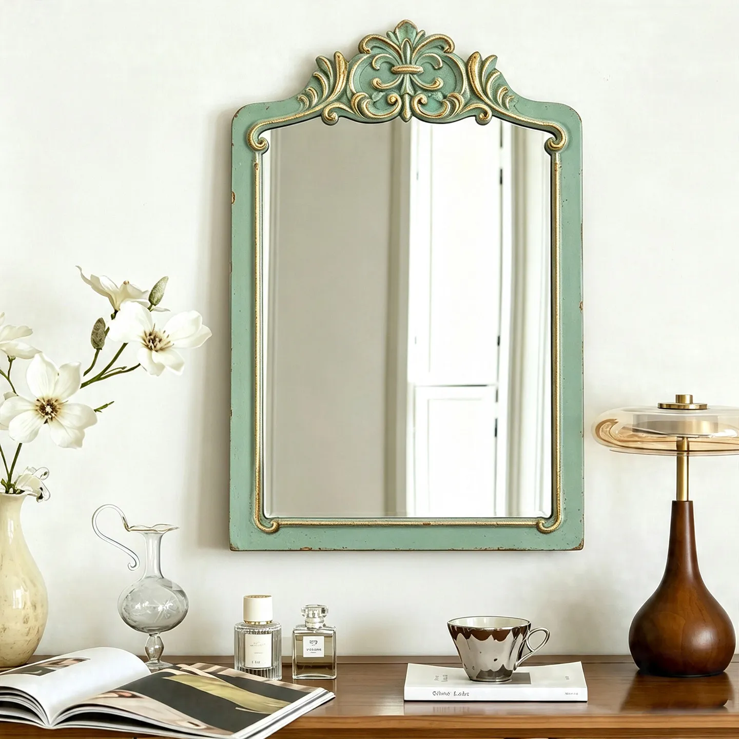 Mint green carved wall mirror makeup mirror entrance living room homestay cafe decorative hanging mirror