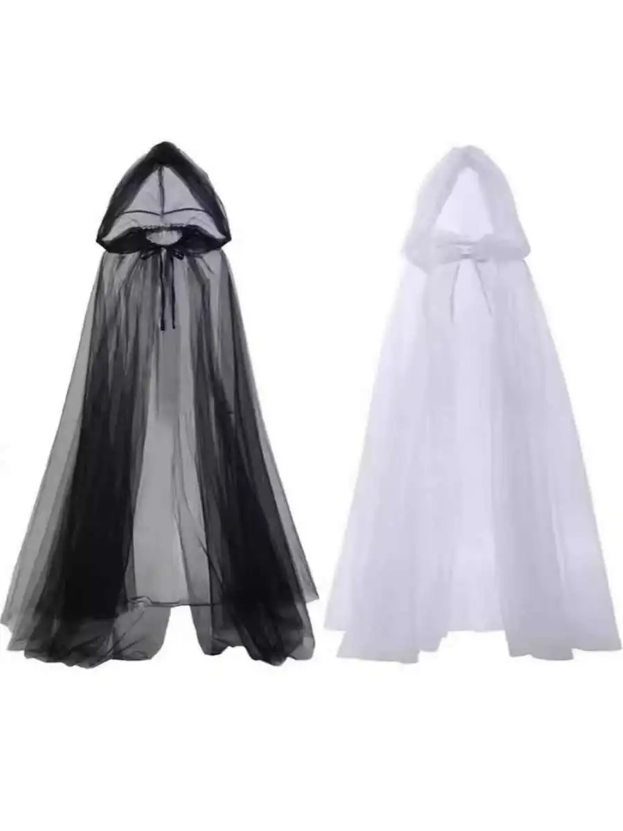 

Transparent Mesh Cape with Hood Performance Costume Halloween Bride Pure Color Adult Witch Performance Gown
