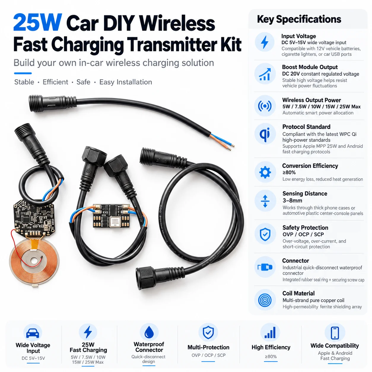 Qi2.2 25W Hidden Car Wireless Charger DIY Kit Separated Board MPP Magnetic Fast Charging Coil Kit with Waterproof Aviation Plug