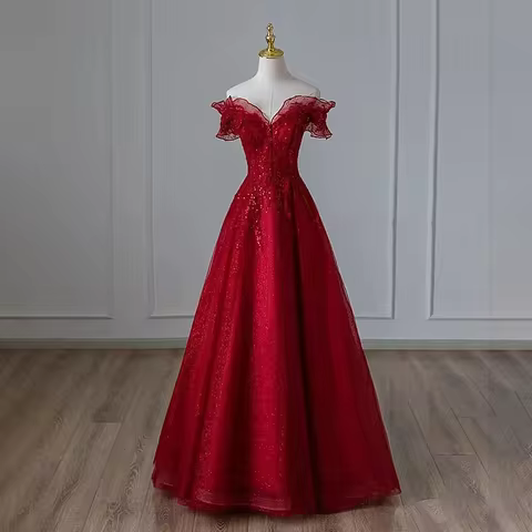 2025 New French Bridal Toast Dress Women's Slim Fit Off-Shoulder Evening Engagement Dress for Female Party Banquet Host