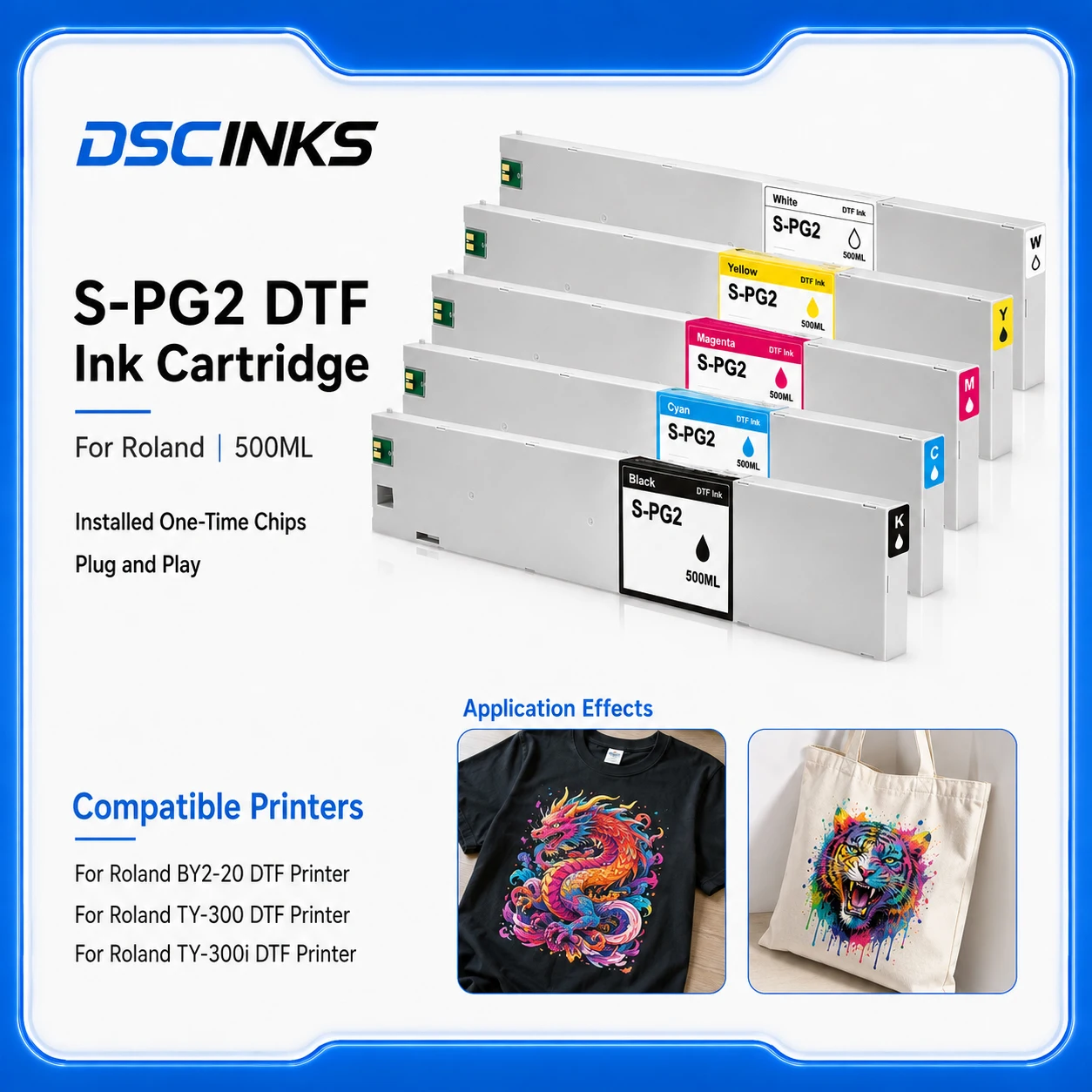 For Roland S-PG2 500ml Ink Cartridges With Full DTF Ink One-Time Chip For BY2-20 TY-300 TY-300i DTF Printer White KCMY 6Colors