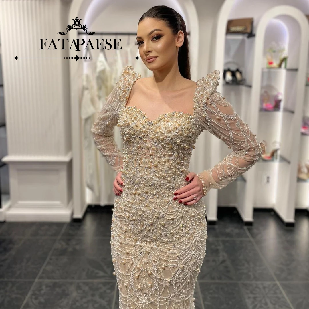 FATAPAESE Luxury Fully Pearls Dubai Beading Stones Evening Dresses Square-neck Arabic Mermaid Formal Party Celebrity Prom Gown