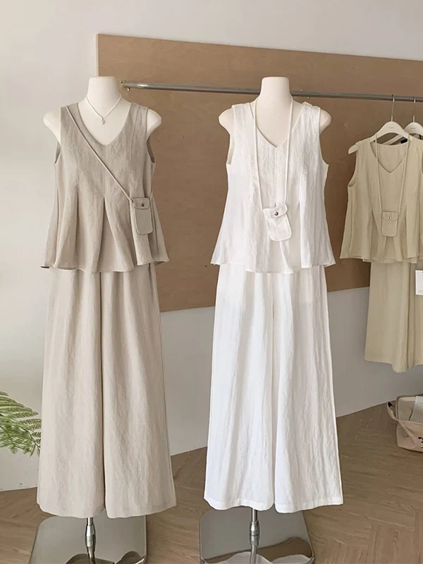 

Korean Style Lazy Loose Fit High Waist Wide Leg Pants Two Piece Set Women's Summer V Neck Tank Top And Long Pants Ensemble