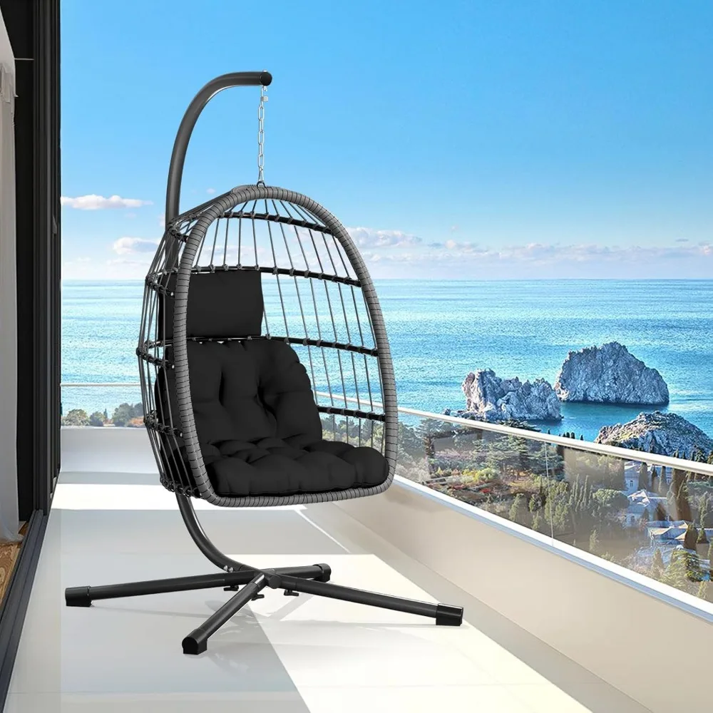 Egg Chair with Stand,Patio Rattan Wicker Hanging Swing Egg Chair Hammock Chair for Bedroom Porch Garden,Thickened Aluminum Alloy