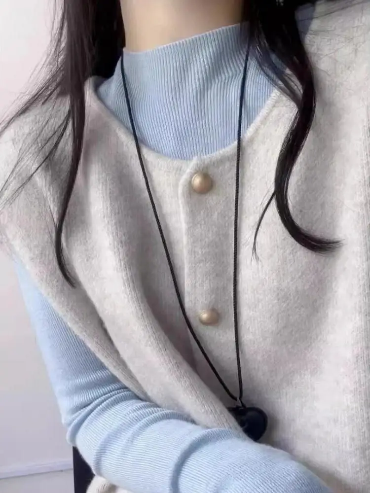 

Retro Gold Button Layered Knitted Cardigan Women's Spring Autumn Winter Loose Fit Korean Sle Outerwear Soft Sweater Vest