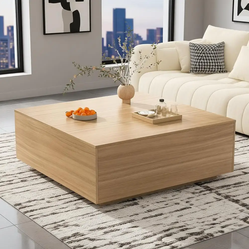 

Mid-Century Modern Oak Coffee Table with 2 Drawers, 43 Large Square Storage Table for Living Room and Home Office