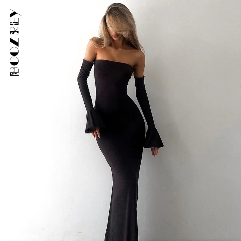 

BoozRey Socialite Style Basic Strapless Dress Sexy Y2k Backless Flared Sleeves Split Wrapped Hip Vestido for Women Clothing