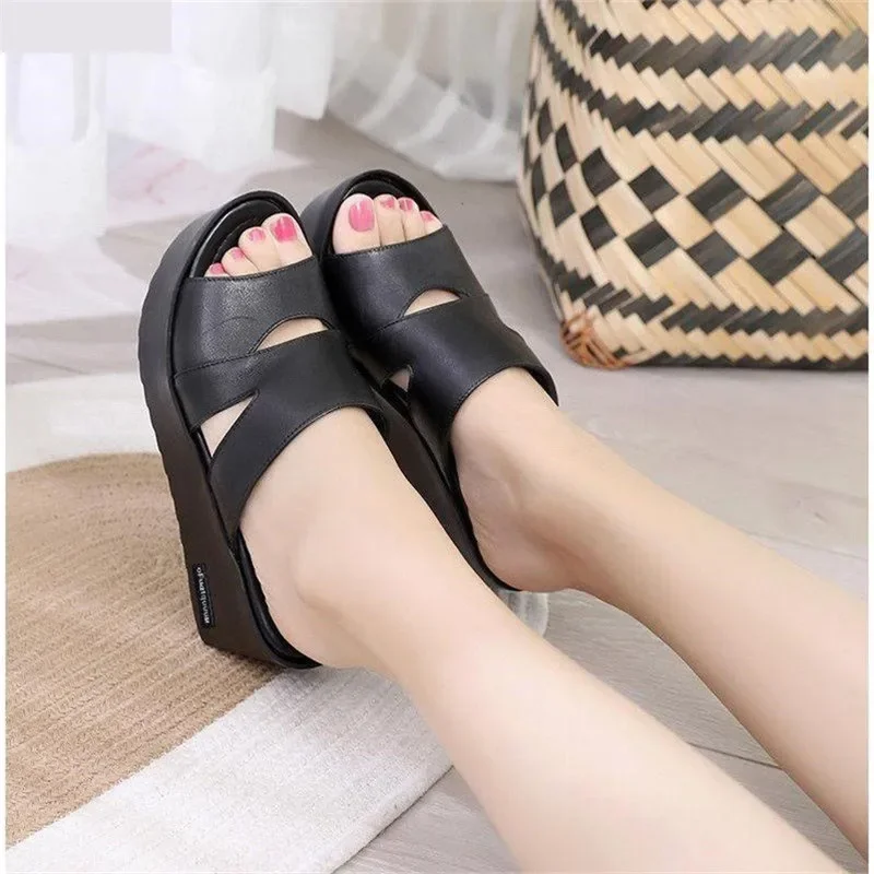 YAERNI  New Stylish Summer Leather Slippers Women Casual Sandals Comfortable Non-slip Platform Shoes Woman Wedge Sandals Slipper